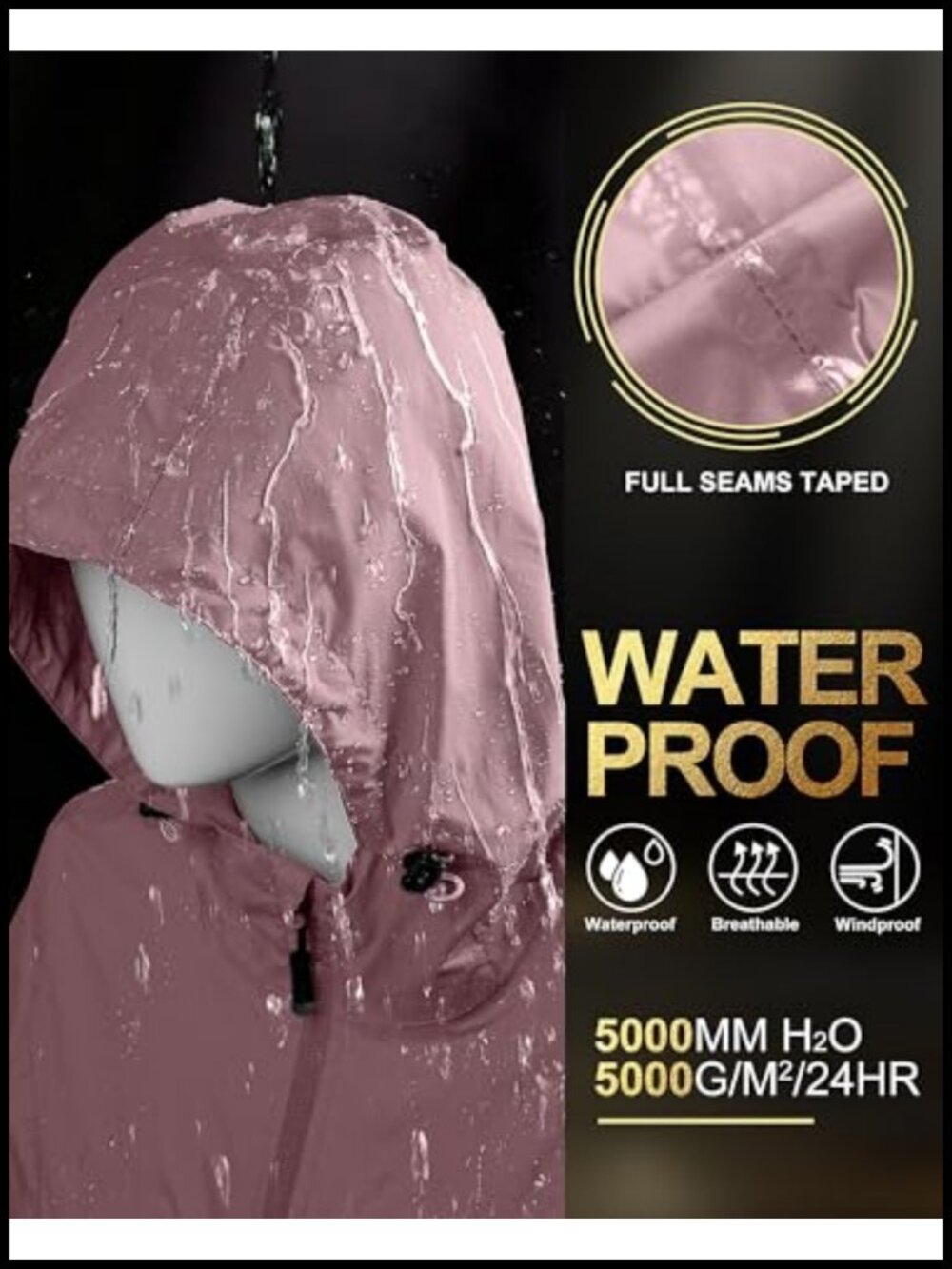 Waterproof Long Rain Coat Packable Lightweight Hooded Jacket - Picture 3 of 6